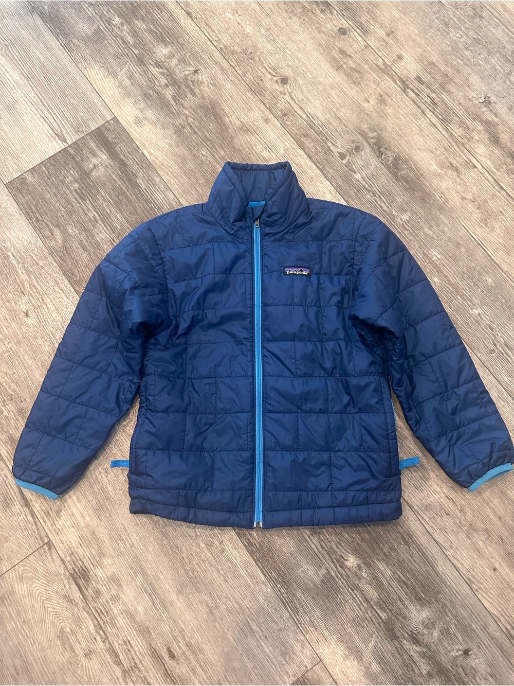 Patagonia Kids Navy Puffer Jacket with Bright Blue Zipper